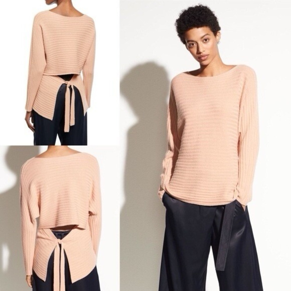 VINCE Wool Cashmere Blush Ribbed Tie Back Sweater Size S